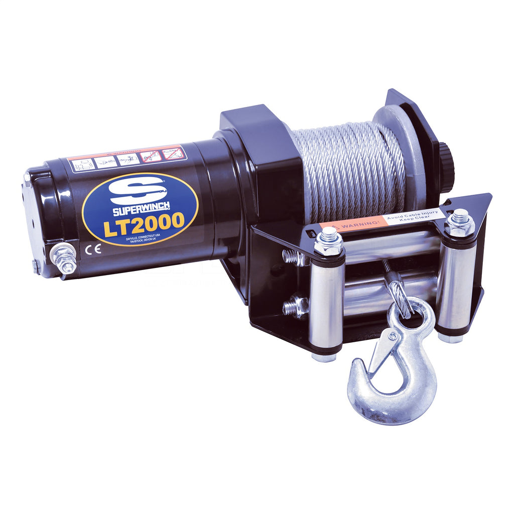 LT2000 Winch-2,000 lbs, 12 VDC, 5/32 in x 49 ft steel rope, dual relays and circuit breaker protected, handle bar mounted switch, 1.0 Hp, dynamic brake, 1-stage planetary, 153:1 gear ratio, zinc plated 4-way roller fairlead