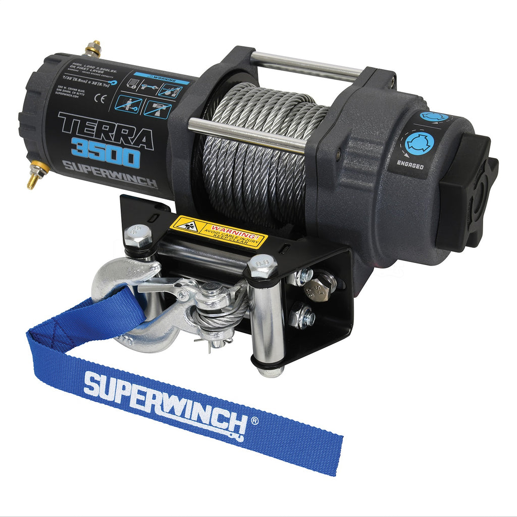 Terra 3500 Winch-3500 lbs., 12V DC, 7/32 in. x 32 ft. steel rope, sealed solenoid with circuit breaker, handheld remote control and handlebar switch, 1.6 hp, 3 stage planetary, 198:1 gear ratio, 4 way roller fairlead, mounting plate.