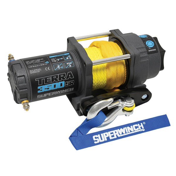 Terra 3500SR Winch-3500 lbs., 12V DC, 7/32 in. x 32 ft. Synthetic rope, sealed solenoid with circuit breaker, handheld remote control and handlebar switch, 1.6 hp, 3 stage planetary, 198:1 gear ratio, aluminum hawse fairlead, mounting plate.