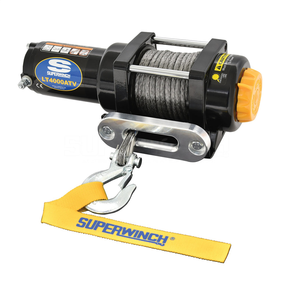 LT4000SR Winch-4,000 lbs, 12 VDC, 3/16 in x 50 ft synthetic rope, sealed solenoid, 12 ft handheld remote control and handle bar switch, 1.4 Hp, automatic load holding brake, 3-stage planetary, 166:1 gear ratio, aluminum hawse fairlead