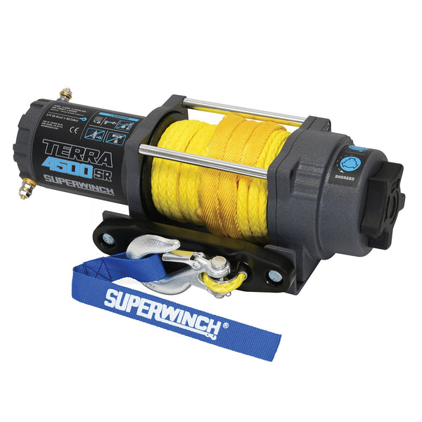 Terra 4500SR Winch-4500 lbs., 12V DC, 1/4 in. x 50 ft. Synthetic rope, sealed solenoid with circuit breaker, handheld remote control and handlebar switch, 1.8 hp, 3 stage planetary, 198:1 gear ratio, aluminum hawse fairlead, mounting plate.