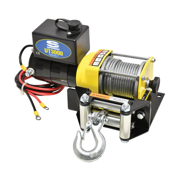 UT3000 Winch-3,000 lbs, 12 VDC, 3/16 in x 40 ft steel rope, circuit breaker protected, 12 ft handheld remote control, 1.2 Hp, dynamic brake, 1-stage planetary, 153:1 gear ratio, zinc plated 4-way roller fairlead