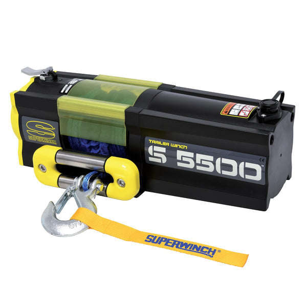S5500SR Winch-5,500 lbs, 12 VDC, 1/4 in x 60 ft synthetic rope, 30.5 ft handheld remote control, 3.6 Hp, mechanical brake, 3-stage planetary, 185:1 gear ratio, stainless steel 2-way fairlead