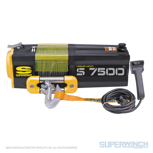 S7500 Winch-7,500 lbs, 12 VDC, 5/16 in x 54 ft steel rope, 30.5 ft handheld remote control, 3.6 Hp, mechanical brake, 3-stage planetary, 249:1 gear ratio, stainless steel 2-way fairlead
