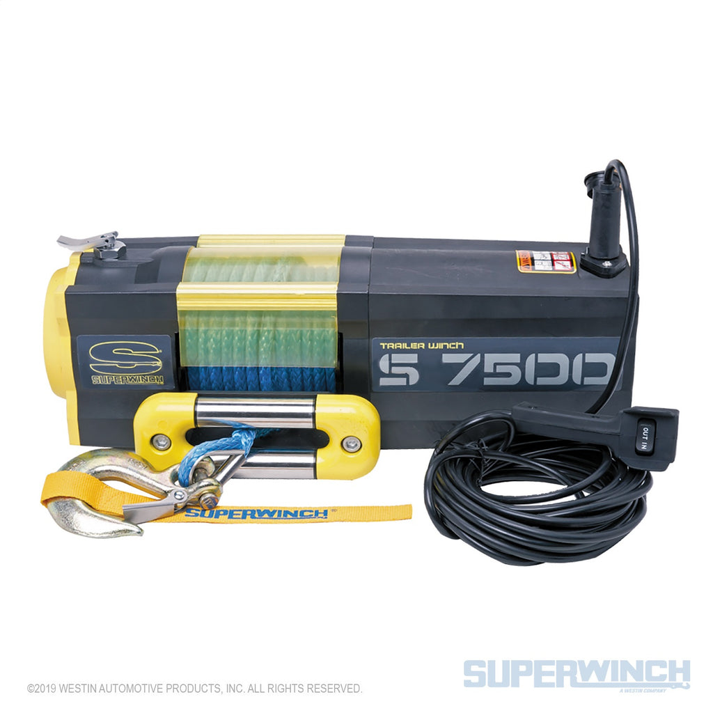 S7500SR Winch-7,500 lbs, 12 VDC, 5/16 in x 54 ft synthetic rope, 30.5 ft handheld remote control, 3.6 Hp, mechanical brake, 3-stage planetary, 249:1 gear ratio, stainless steel 2-way fairlead