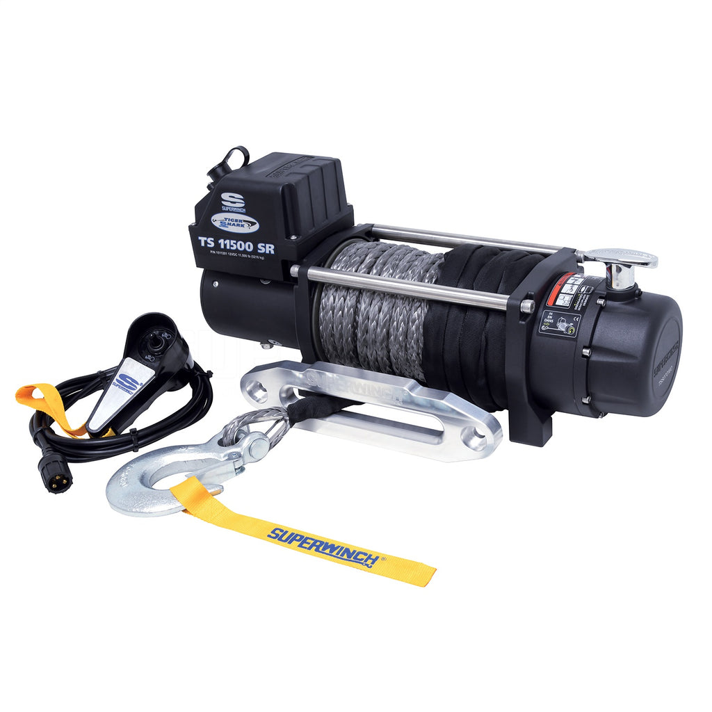Tiger Shark 11500SR Winch-11,500 lbs, 12 VDC, 3/8 in x 80 ft synthetic rope, weather sealed solenoid, handheld remote control, 5.8 Hp, 3-stage planetary, 218:1 gear ratio and aluminum hawse fairlead