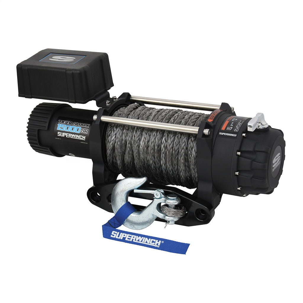 Tiger Shark 15000SR Winch-15,000 lbs., 12 VDC, 15/32 in. x 78 ft. synthetic rope, handheld remote control, 6.8 HP, automatic brake, 3-stage planetary, 262:1 gear ratio, freespool clutch, aluminum hawse fairlead