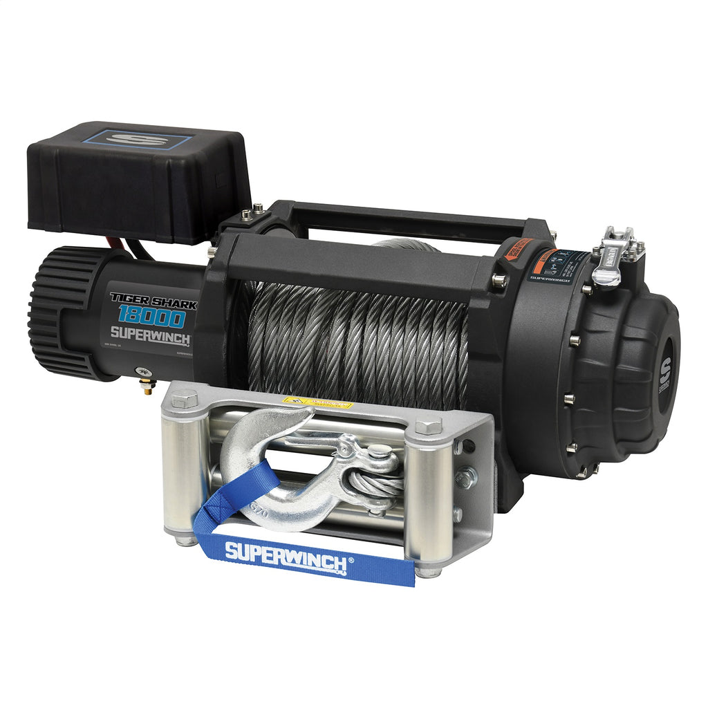Tiger Shark 18000 Winch-18,000 lbs., 12 VDC, 29/64 in x 85 ft. wire rope, handheld remote control, 6.8 HP, automatic cone brake, 3-stage planetary, 345:1 gear ratio, freespool clutch, 4-way roller fairlead