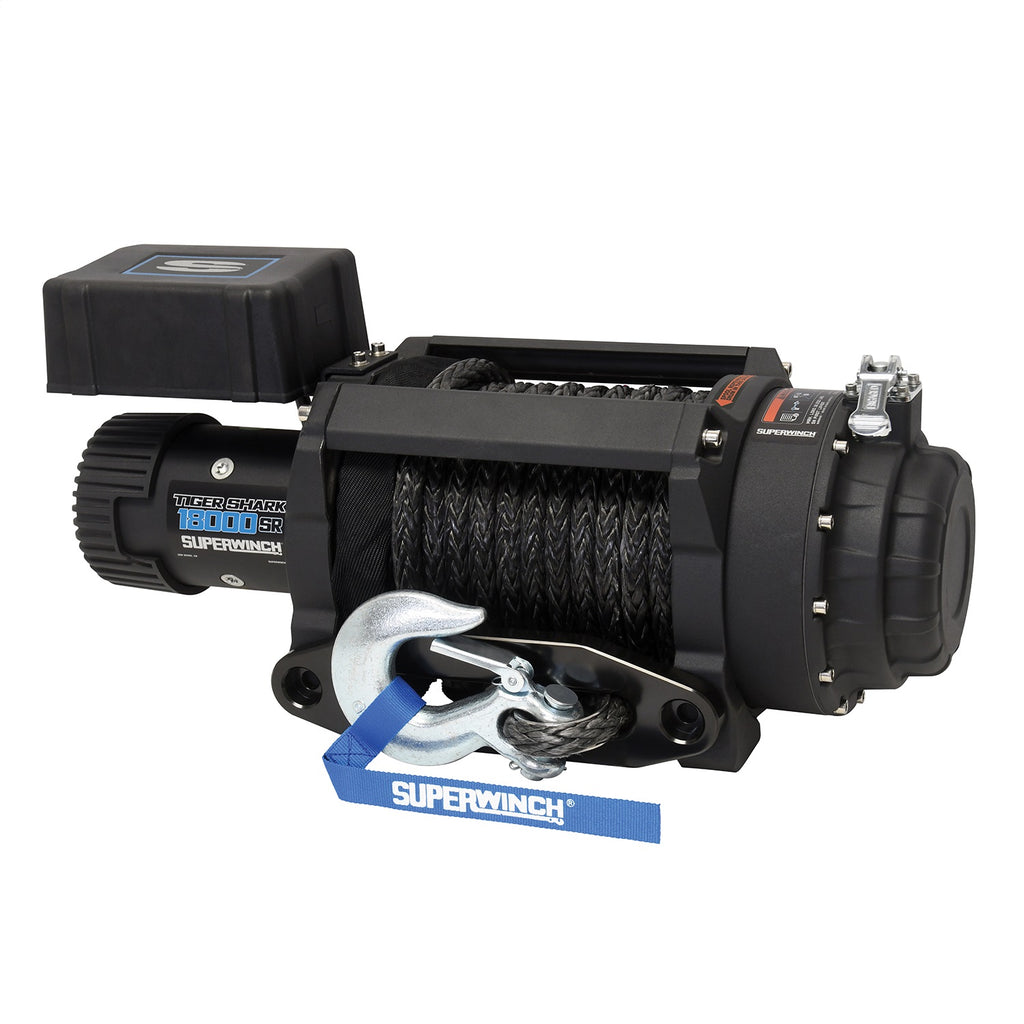 Tiger Shark 18000SR Winch-18,000 lbs., 12 VDC, 33/64 in. x 78.7 ft. synthetic rope, handheld remote control, 6.8 HP, automatic cone brake, 3-stage planetary, 345:1 gear ratio, freespool clutch, aluminum hawse fairlead