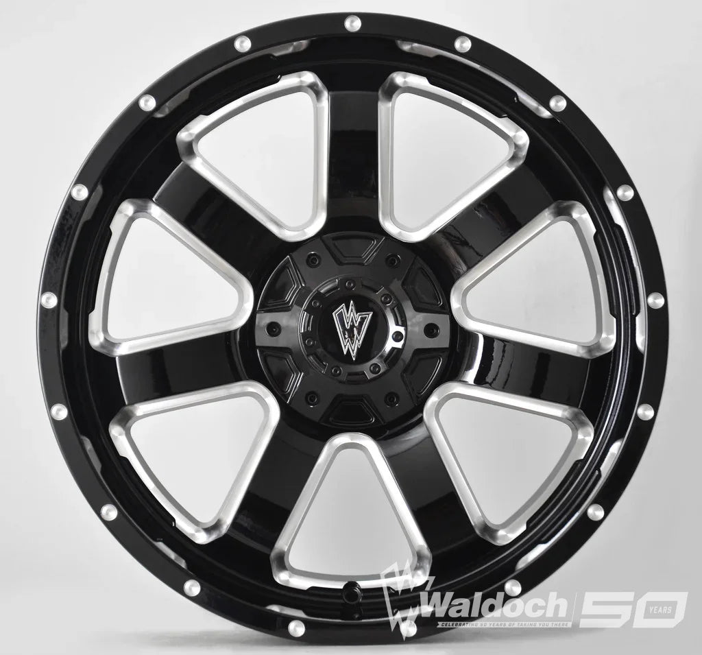 REBEL 20X9 GLOSSY BLACK AND MILLED SIDE SPOKE - 12 OFFSET 6X135 87.3CB