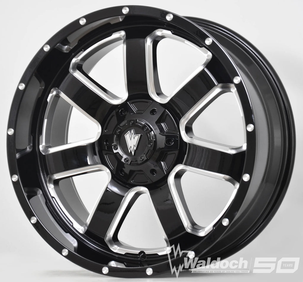 REBEL 20X9 GLOSSY BLACK AND MILLED SIDE SPOKE - 12 OFFSET 8X165.1 122.5CB