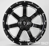 REBEL 20X9 GLOSSY BLACK AND MILLED SIDE SPOKE 0 OFFSET DUAL DRILLED 6X139.7 & 6X135 106.2 CB