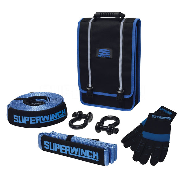 Getaway Recovery Kit-Includes: (2) 3/4" Bow Shackles rated at 10,000 lbs, (1) 2"x8' Tree Trunk Protector rated at 20,000 lbs, (1) 3"x30' Recovery Strap rated at 26,000 lbs, (1) Winching Gloves, Denier Gear Bag