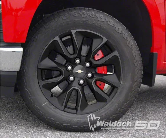 CHEVROLET  SILVERADO CALIPER COVER SET - RED (ALSO FITS GMC SIERRA 1500) WITH WALDOCH LOGO AND BLACK BACKER PLATE
