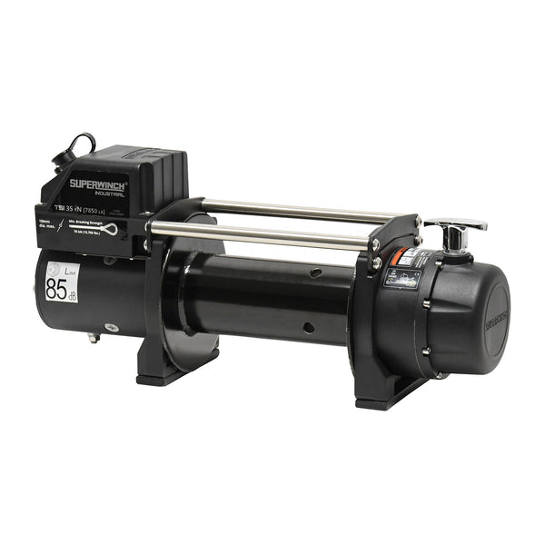 Tiger Shark 35 Winch-EN Compliant, 35KN, 12 VDC, 10 MM x 21.3 M steel rope, weather sealed solenoid, handheld remote control, 6.0 Hp, 3-stage planetary, 218:1 gear ratio and stainless steel 4-way roller fairlead