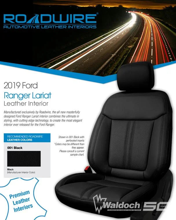 FORD RANGER 21+ LARIAT LEATHER KIT BLACK W/GREY INSERTS W/WALDOCH SEW ON THE SIDE(BOLSTER) W/ W ON HEADRESTS VPN. 682986