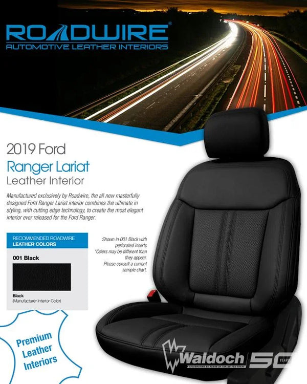 FORD RANGER 21+ LARIAT LEATHER KIT BLACK W/GREY INSERTS W/WALDOCH SEW ON THE SIDE(BOLSTER) W/  W ON HEADRESTS  VPN. 682986