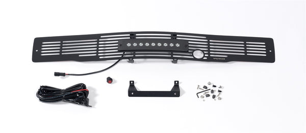 Bumper Grille Inserts-Ford F-150 - Stainless Steel Black Bar Design with Heater Plug and 10" Luminix Light Bar