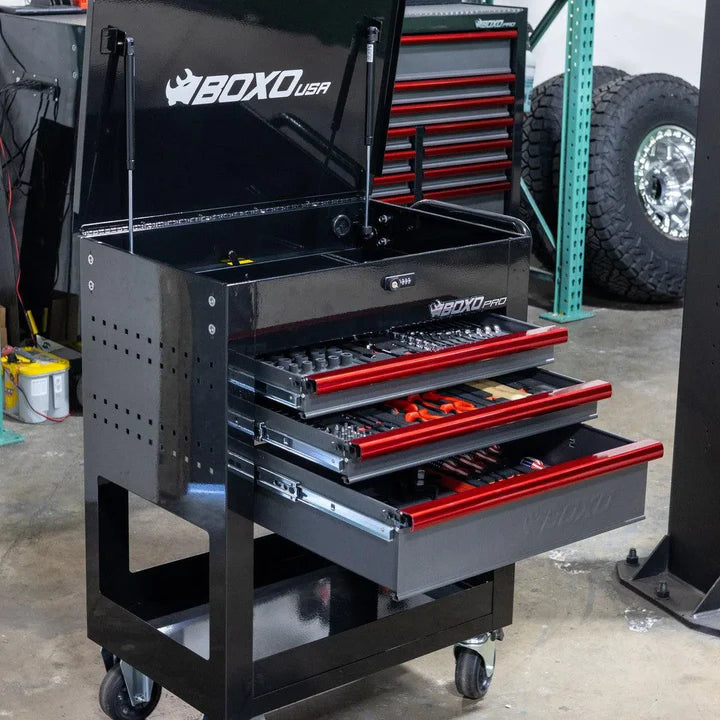 Boxo USA - Pro Series | Loaded 28" 3-Drawer Flip Top Service Cart Tool Box 28BM-BK-B Black with Blue Handle