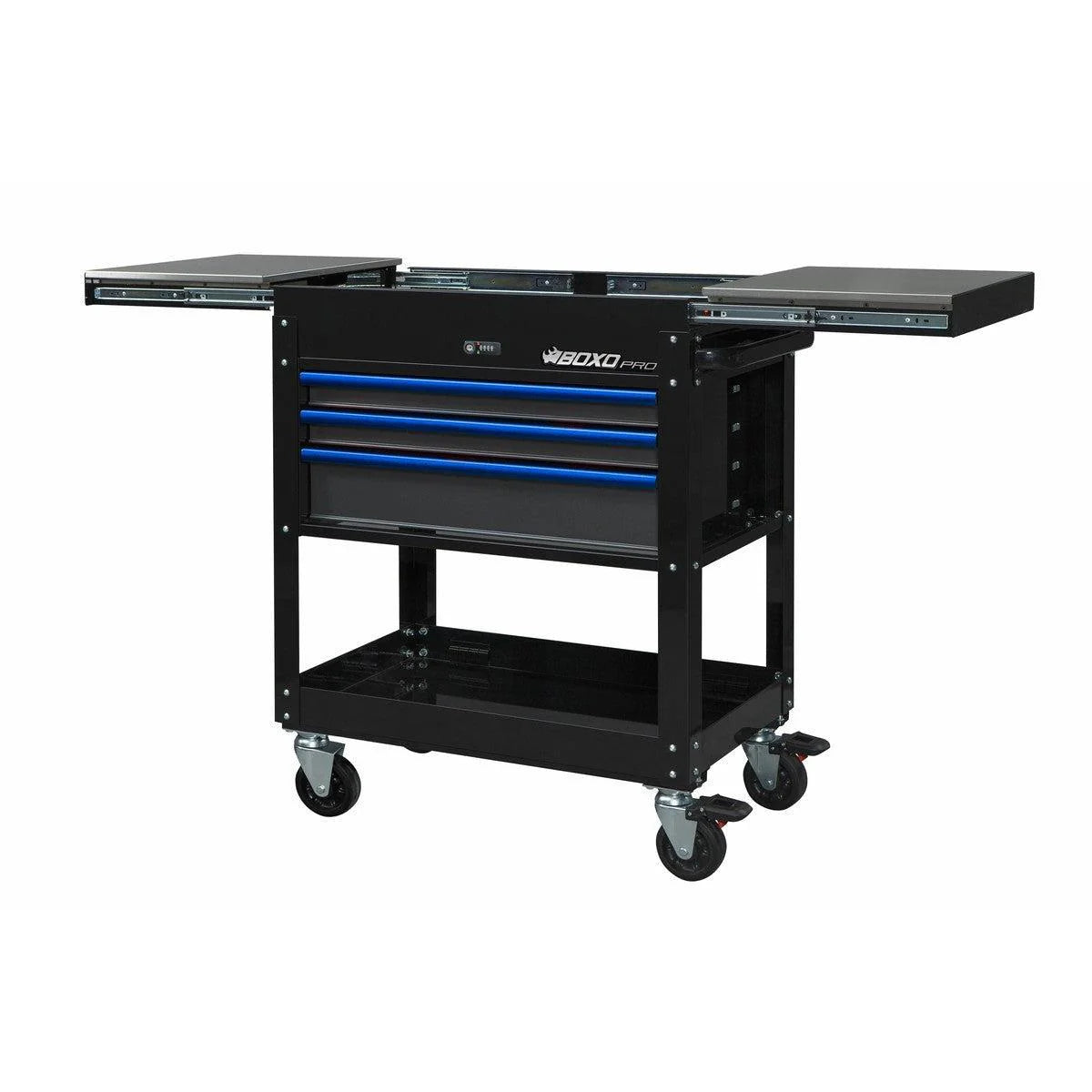 Boxo USA - Pro Series | 35" 3-Drawer Slide-Top Service Cart Tool Box Black with Blue Handles 35SBM-BK-B
