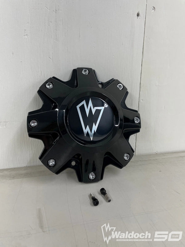 W141 - WHEEL CENTER CAP - BLACK WITH WALDOCH W CHROME LOGO FULL CAP WITH 2 BOLTS FOR INSTALL