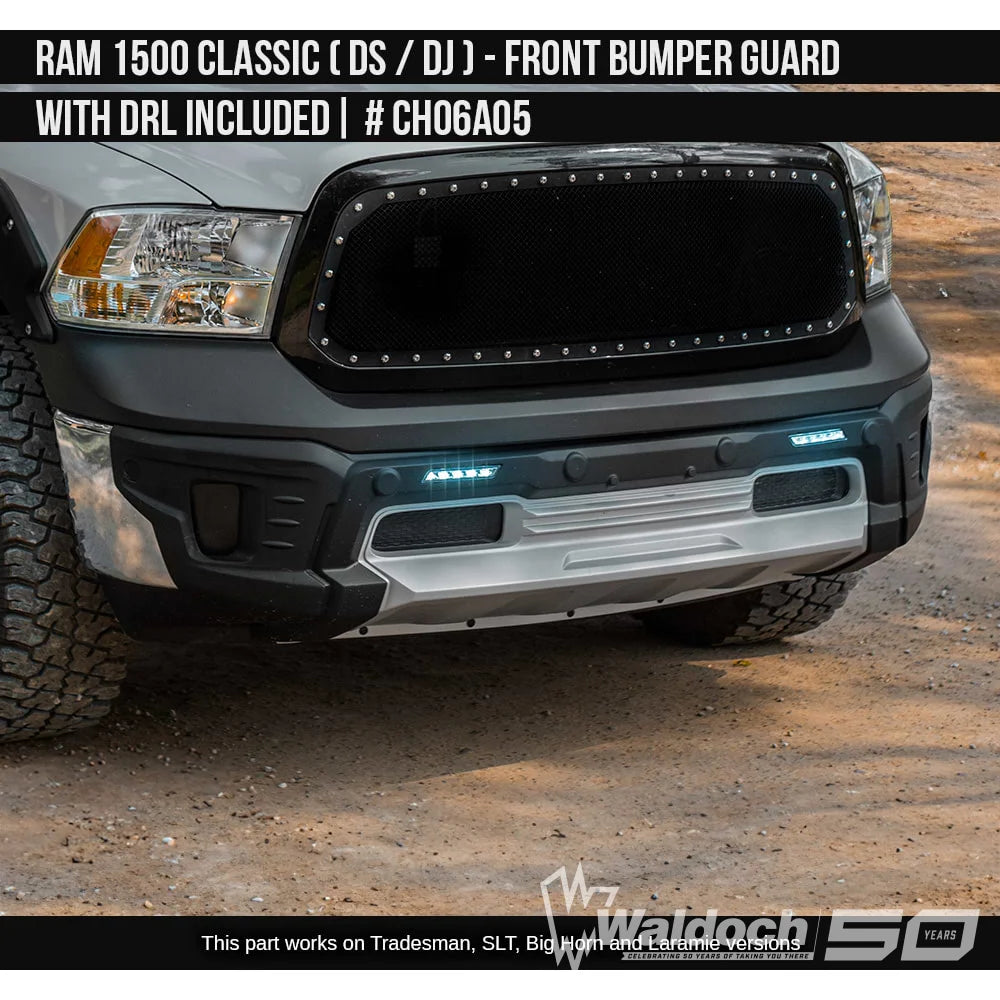 2010-2023 Dodge RAM Classic 1500 Front Bumper Guard with DRL included (for Tradesman, SLT, Big Horn and Laramie versions, does not fit on Rebel and Warlock) Painted  Satin Black and Satin Silver Install Ready