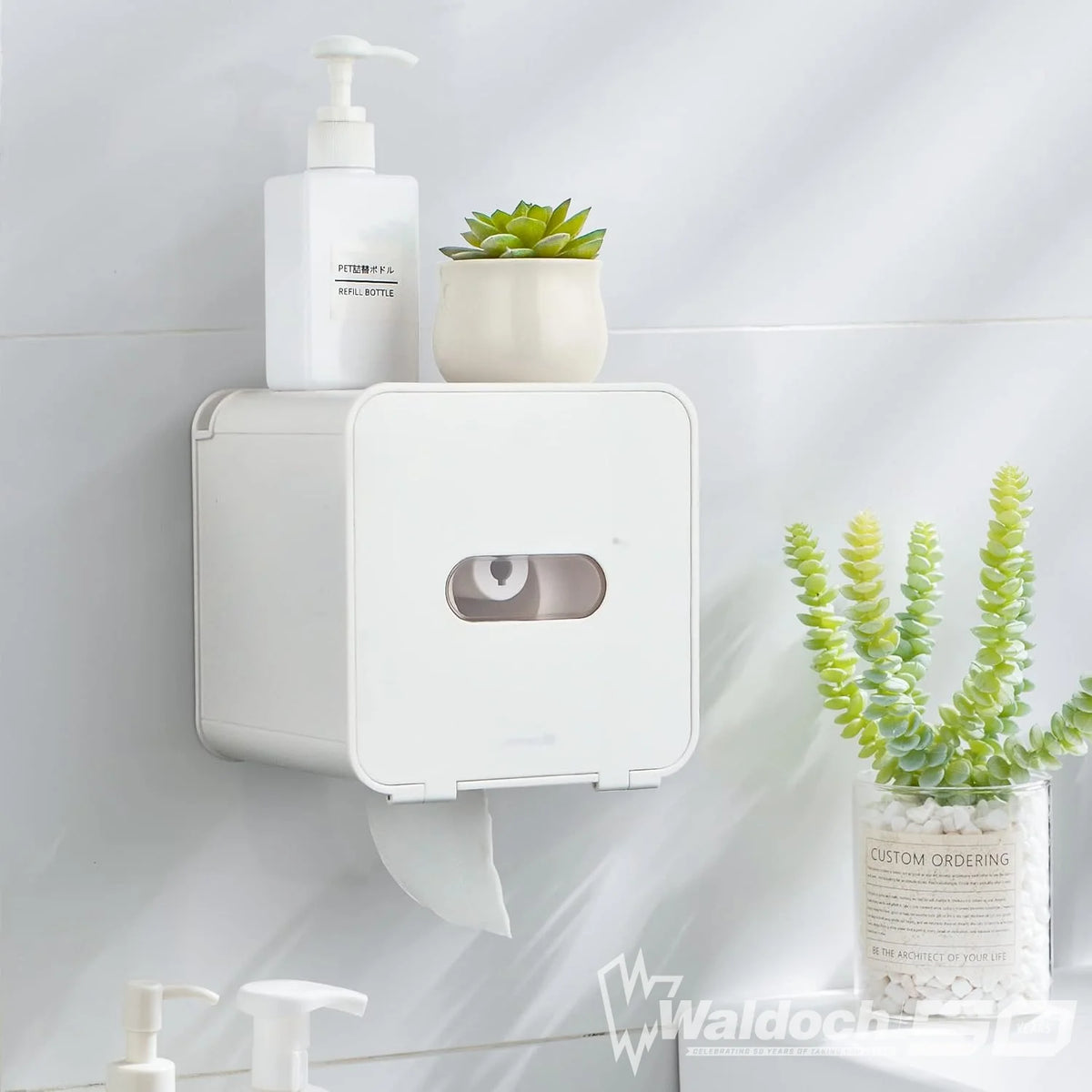 JOMOLA Pet Proof Toilet Paper Holder Adhesive Roll Toilet Paper Dispenser with Phone Shelf Wall Mounted Toilet Tissue Holder White (CABANA)