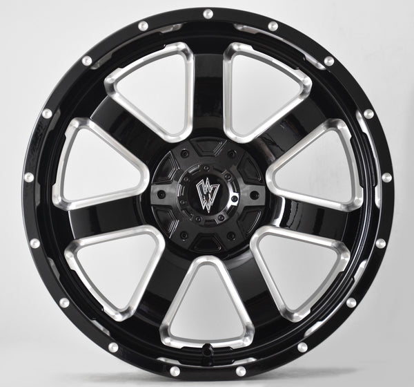 REBEL 20X9 GLOSSY BLACK AND MILLED SIDE SPOKE -12 OFFSET DUAL DRILLED 6X139.7 & 6X135 106.2 CB