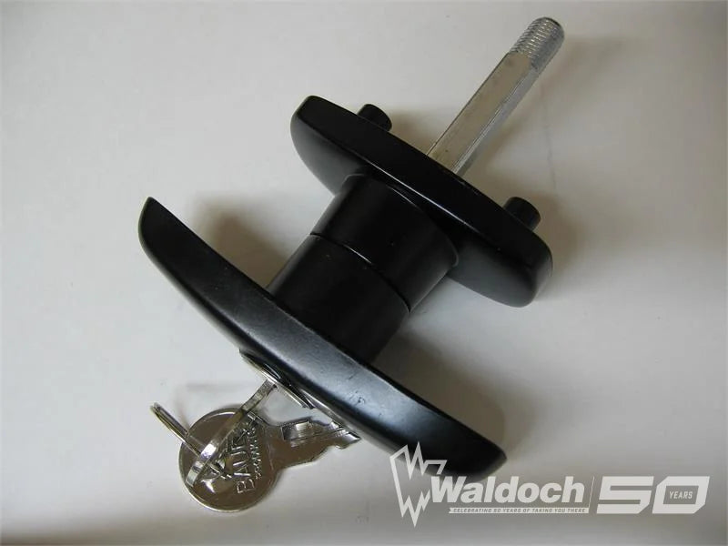 Statewide Framed Door, Black Screw Mount T Handle Counter Clockwise Turn, Keyed 127, Thick Base Used Exclusively On Cap Doors Manufactured by Statewide Aluminum. Dust Cover On Lock Cylinder. 1/2" Thread On Shank.