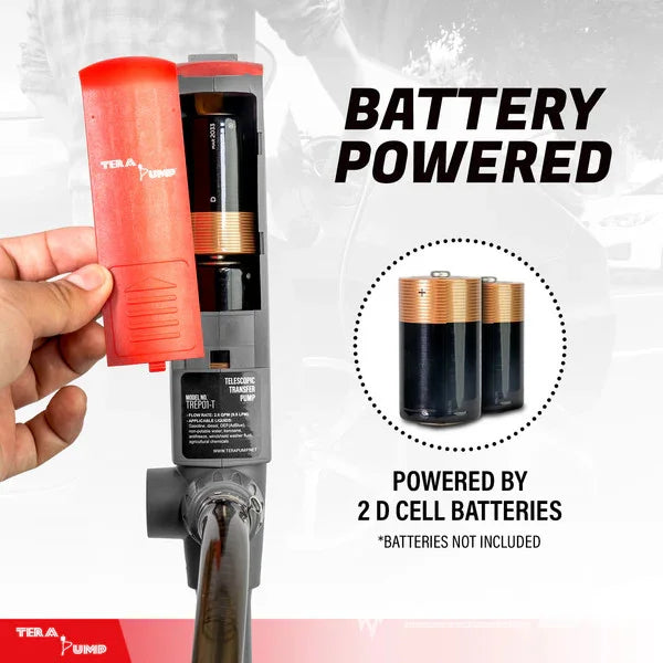 TERA PUMP TREP01-T Multipurpose Battery Powered Fuel Pump with Quick Stop Nozzle for Diesel, DEF, Kerosene - Gas Liquid Transfer Pump with Telescopic Suction (2.4 GPM, 360 Swivel Nozzle) - TREP01-T