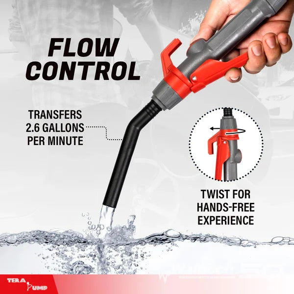 TERA PUMP TREP01-T Multipurpose Battery Powered Fuel Pump with Quick Stop Nozzle for Diesel, DEF, Kerosene - Gas Liquid Transfer Pump with Telescopic Suction (2.4 GPM, 360 Swivel Nozzle) - TREP01-T