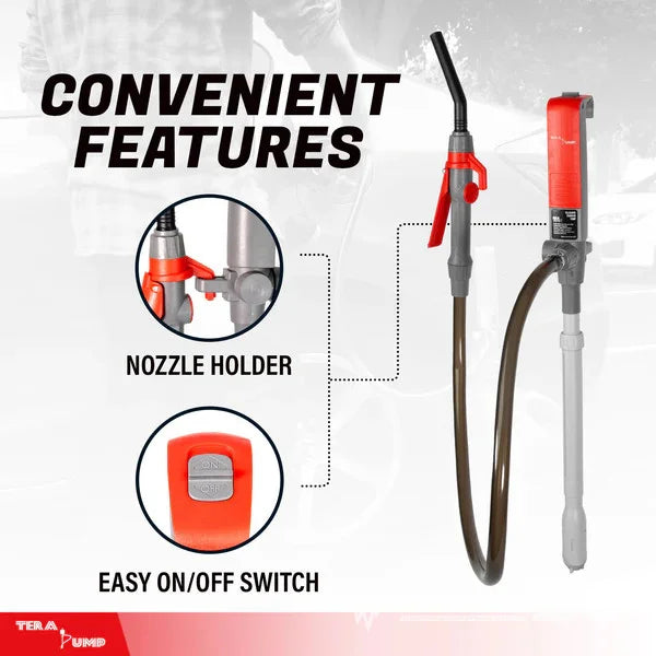 TERA PUMP TREP01-T Multipurpose Battery Powered Fuel Pump with Quick Stop Nozzle for Diesel, DEF, Kerosene - Gas Liquid Transfer Pump with Telescopic Suction (2.4 GPM, 360 Swivel Nozzle) - TREP01-T