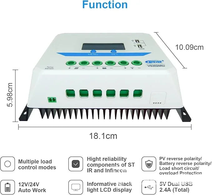 EPEVER Solar Charge Controller with USB Ports Output 12V/24V PWM Solar Panel Battery Charging Regulator LCD Display for Solar System (30A, )
