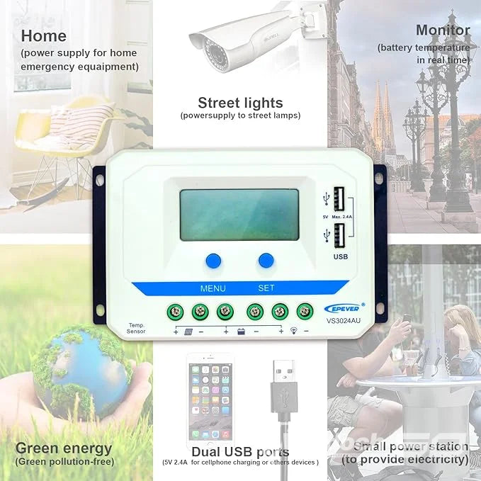 EPEVER Solar Charge Controller with USB Ports Output 12V/24V PWM Solar Panel Battery Charging Regulator LCD Display for Solar System (30A, )