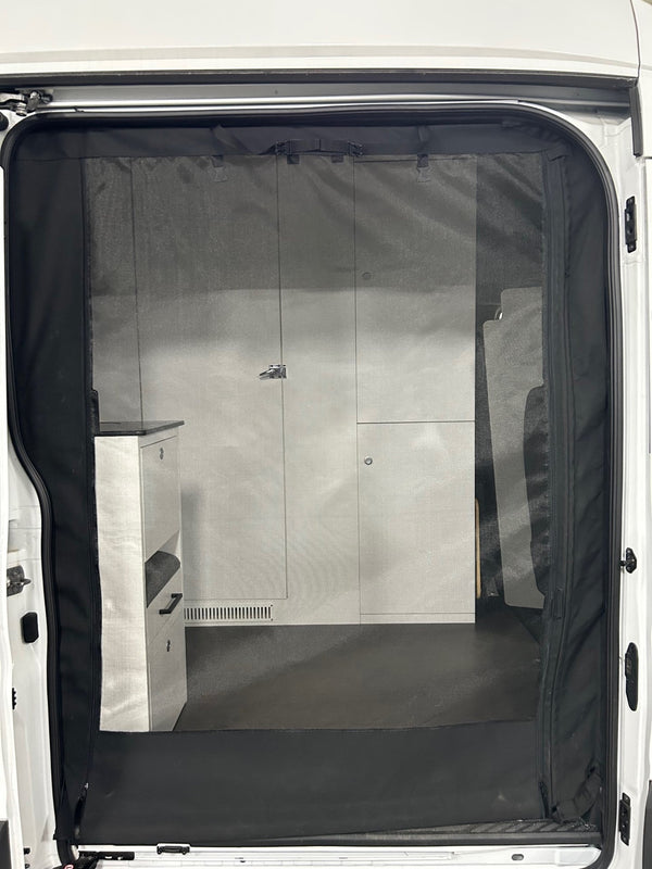 MAGNETIC SIDE DOOR WITH WEATHER AND BUG SHIELD FOR FORD TRANSIT VANS WITH ADJUSTABLE OPENINGS