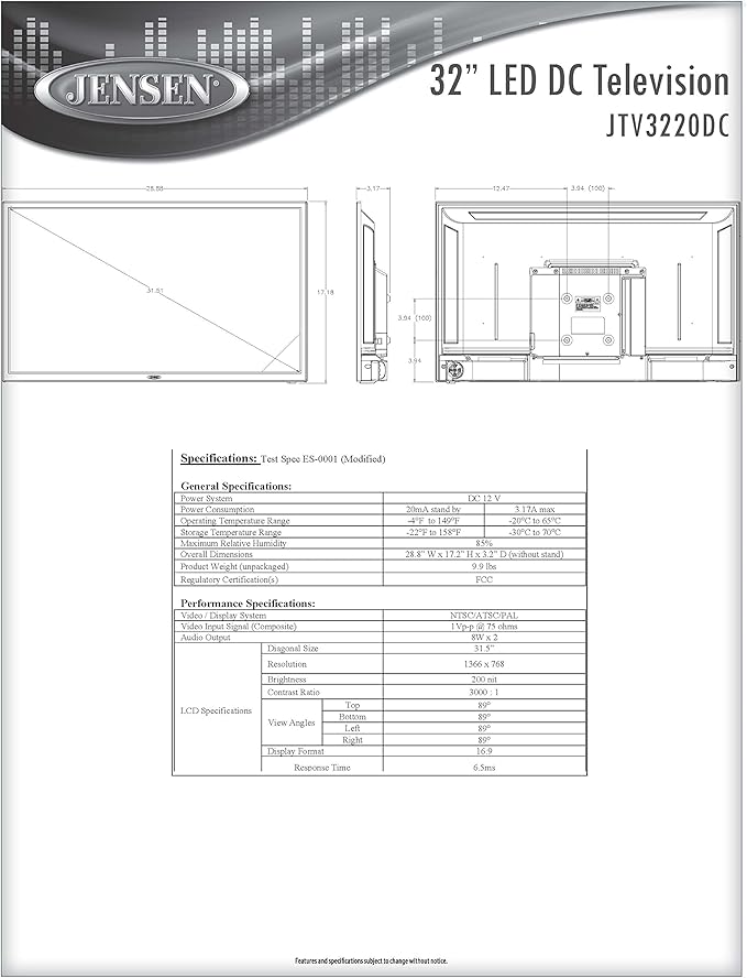 32" JENSEN LED DC TV