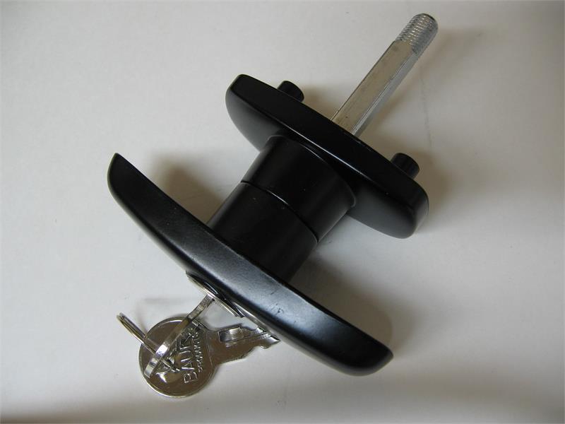 Statewide Framed Door, Black Screw Mount T Handle Counter Clockwise Turn, Keyed 127, Thick Base Used Exclusively On Cap Doors Manufactured by Statewide Aluminum. Dust Cover On Lock Cylinder. 1/2" Thread On Shank.