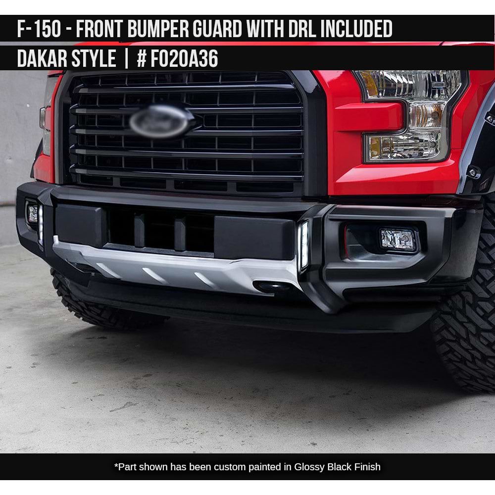 2015-2017 Ford F-150 Dakar Style Front Bumper Guard with DRL included  Painted  Satin Black and Satin Silver Install Ready