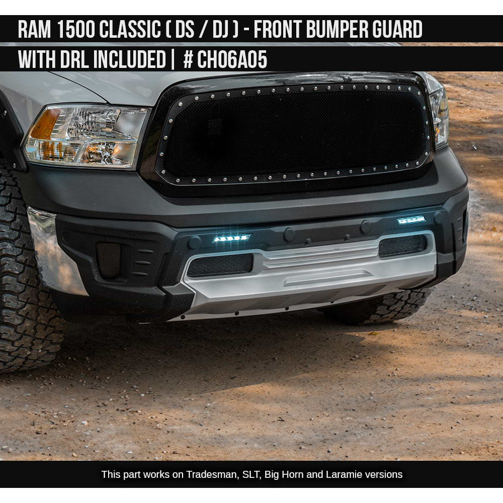 2010-2023 Dodge RAM Classic 1500 Front Bumper Guard with DRL included (for Tradesman, SLT, Big Horn and Laramie versions, does not fit on Rebel and Warlock) Painted  Satin Black and Satin Silver Install Ready