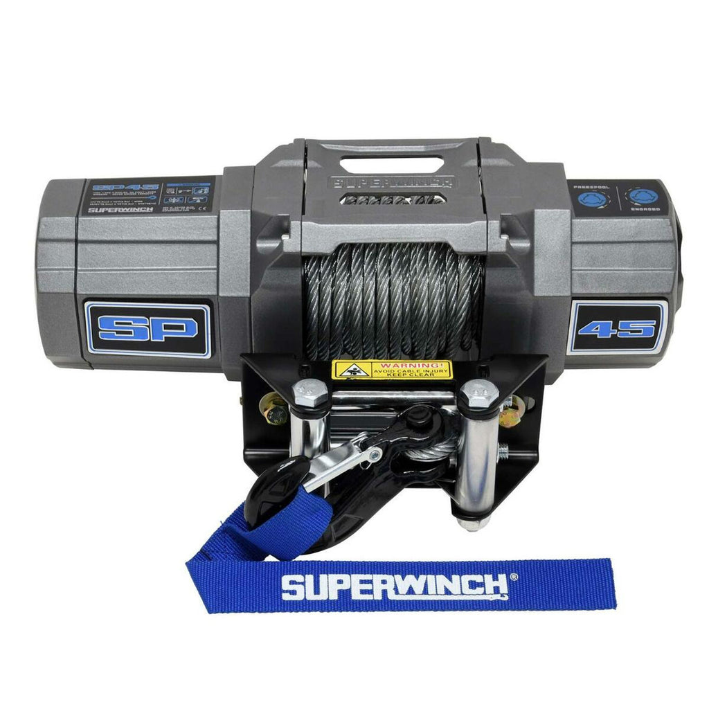 SP 45 Winch-4,500 lbs., 12 VDC, 15/64 in x 40 ft. steel rope, sealed solenoid with circuit breaker, handheld remote control and dash mounted switch, 3-stage planetary, 198:1 gear ratio, roller fairlead