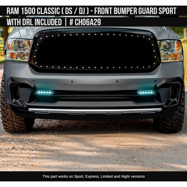 2010-2023 Dodge RAM Classic 1500 Front Bumper Guard with DRL included (for Sport, Express, Limited and Night versiones, does not fit on Rebel and Warlock) Painted  Satin Black and Satin Silver Install Ready
