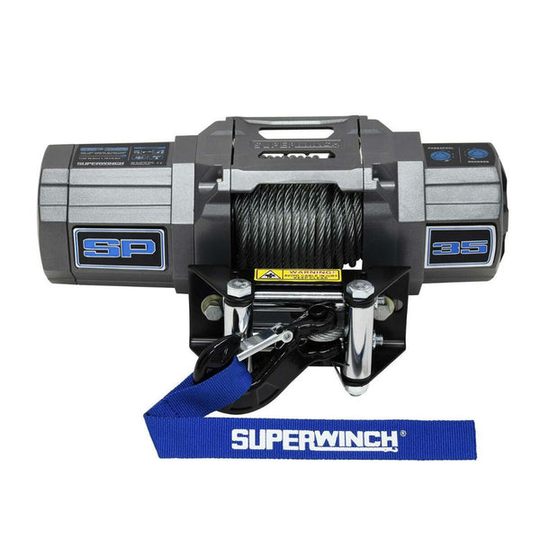 SP 35 Winch-3,500 lbs., 12 VDC, 7/32 in x 40 ft. steel rope, sealed solenoid with circuit breaker, handheld remote control and dash mounted switch, 3-stage planetary, 198:1 gear ratio, roller fairlead