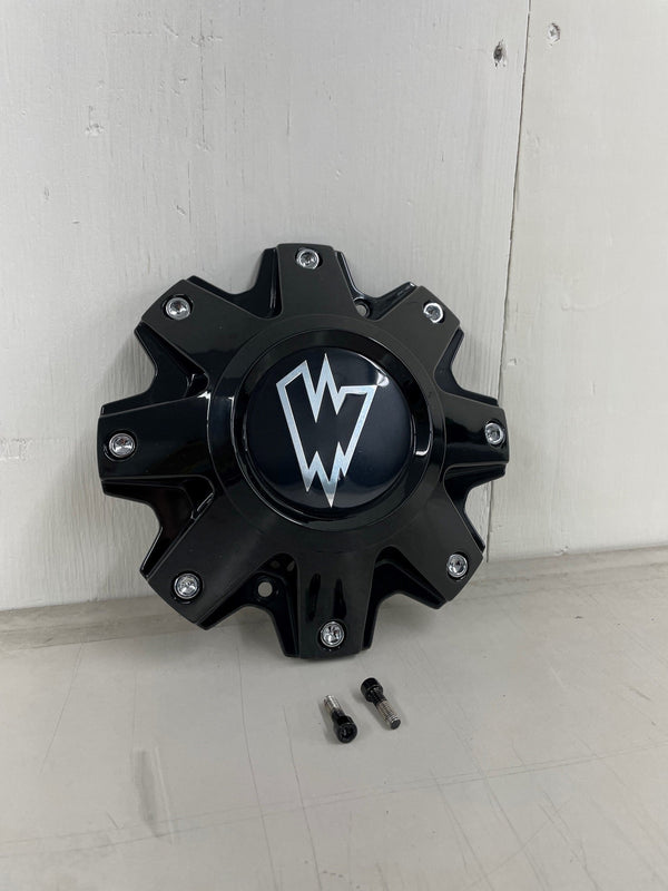 W141 - WHEEL CENTER CAP - BLACK WITH WALDOCH W CHROME LOGO FULL CAP WITH 2 BOLTS FOR INSTALL