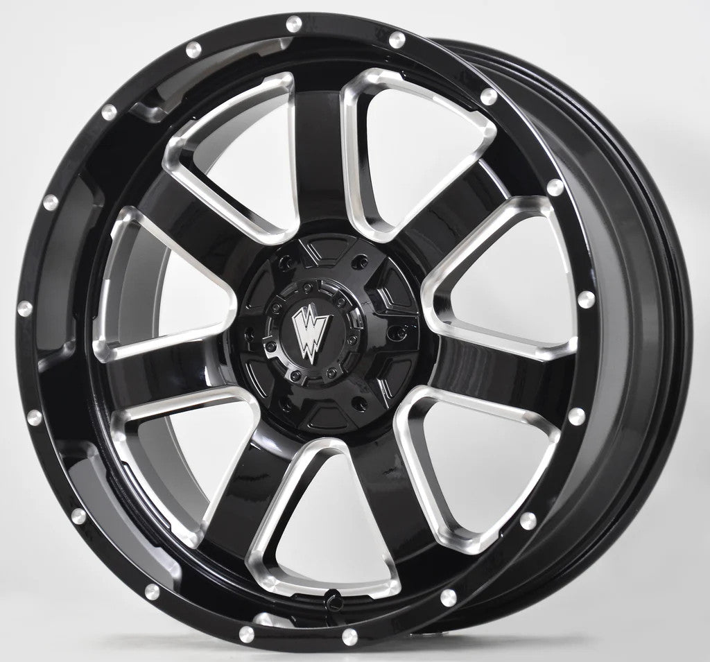 REBEL 20X9 GLOSSY BLACK AND MILLED SIDE SPOKE - 12 OFFSET 6X135 87.3CB