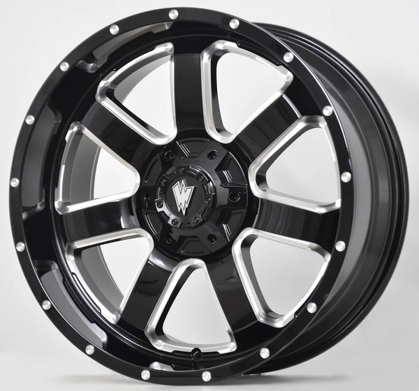 REBEL 20X9 GLOSSY BLACK AND MILLED SIDE SPOKE - 12 OFFSET 6X135 87.3CB