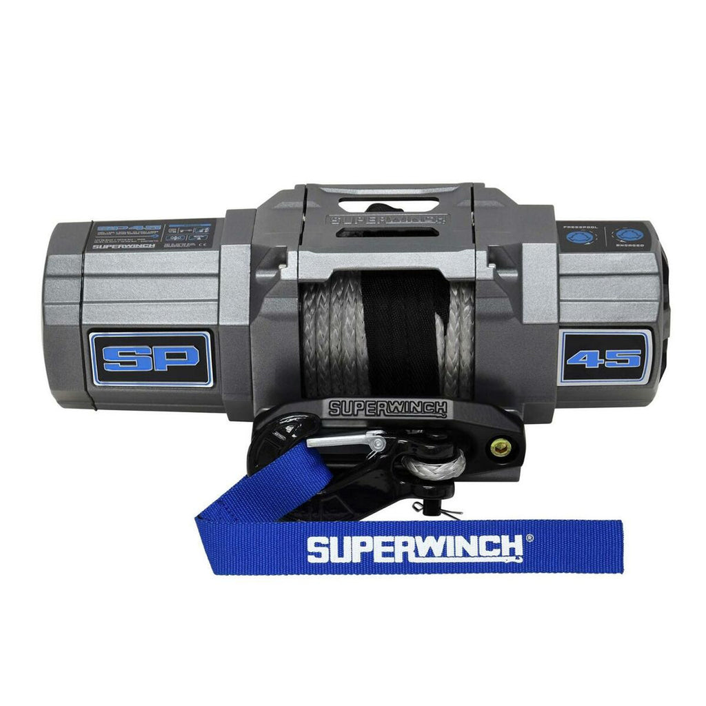 SP 45SR Winch-4,500 lbs., 12 VDC, 1/4 in x 40 ft. synthetic rope, sealed solenoid with circuit breaker, handheld remote control and dash mounted switch, 1.8 hp, 3-stage planetary, 198:1 gear ratio, hawse fairlead